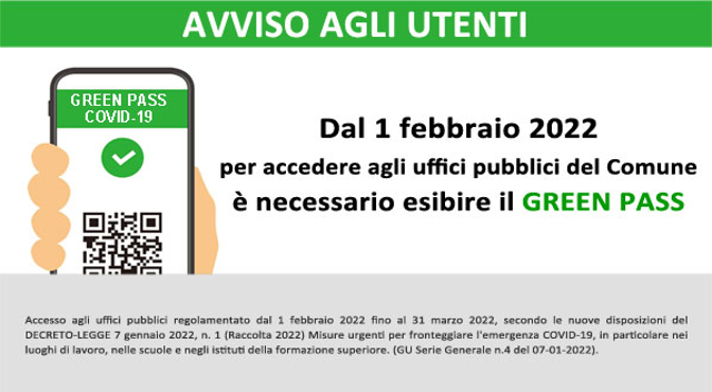 Accesso agli uffici comunali con GREEN PASS dal 1 febbraio 2022