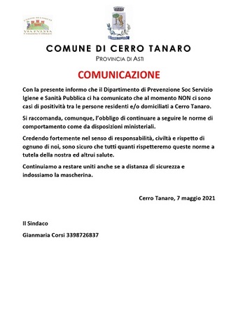 Comunicazione Coronavirus - Aggiornamento al 07/05/2021